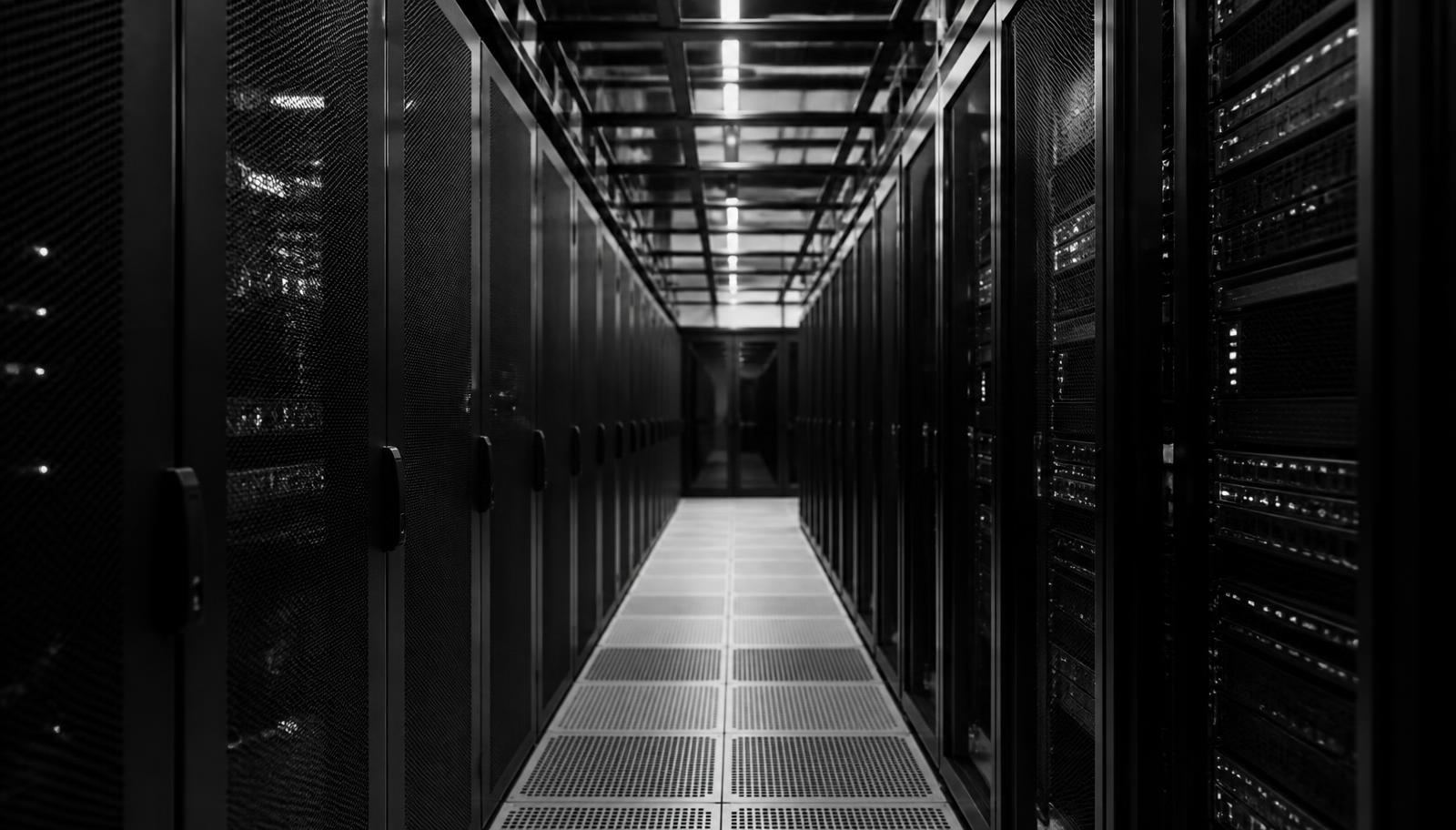 Korridor eines modernen Rechenzentrums mit Serverschränken.