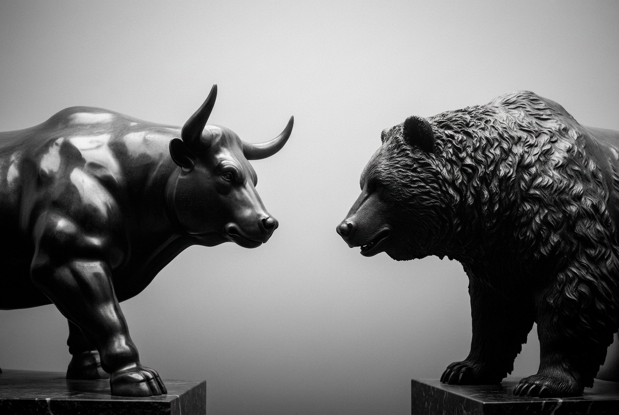 Bronzeskulpturen von Bulle und Bär — Sinnbild für Marktzyklen.